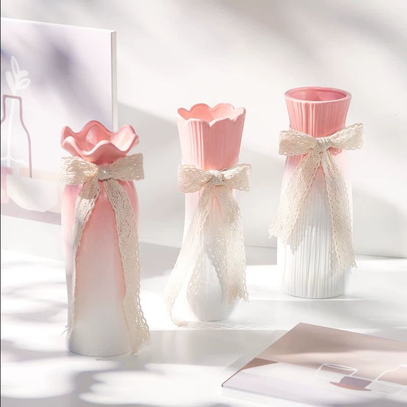 Nordic-style gradient pink ceramic vase for dried flowers